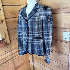 Vintage Plaid Blazer Women Large Grey Crest Patch Rhinestone Trim Airfield